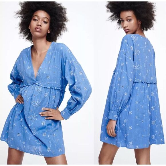 Zara Blue & White Short Embroidered Floral Tunic Flowy Dress Size S - Picture 1 of 13